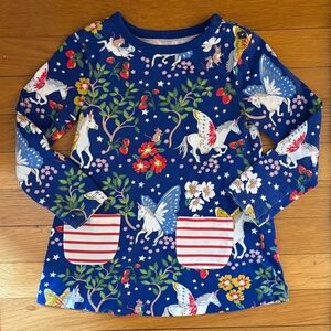 Mini Boden 3-4Y Navy Blue Long Sleeve Tunic Top Dress with Unicorn Flower Print